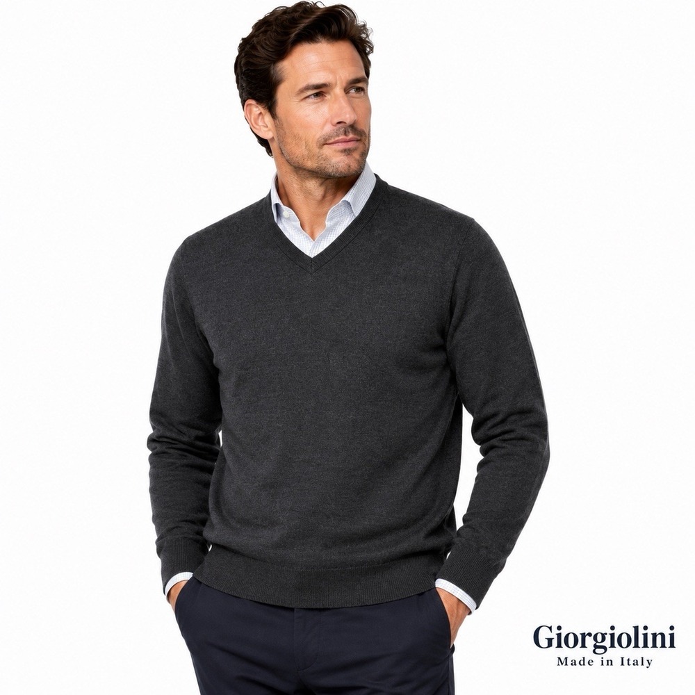 Giorgiolini Men's 100% Merino Wool V-Neck Sweater Charcoal Gray Made in Italy L